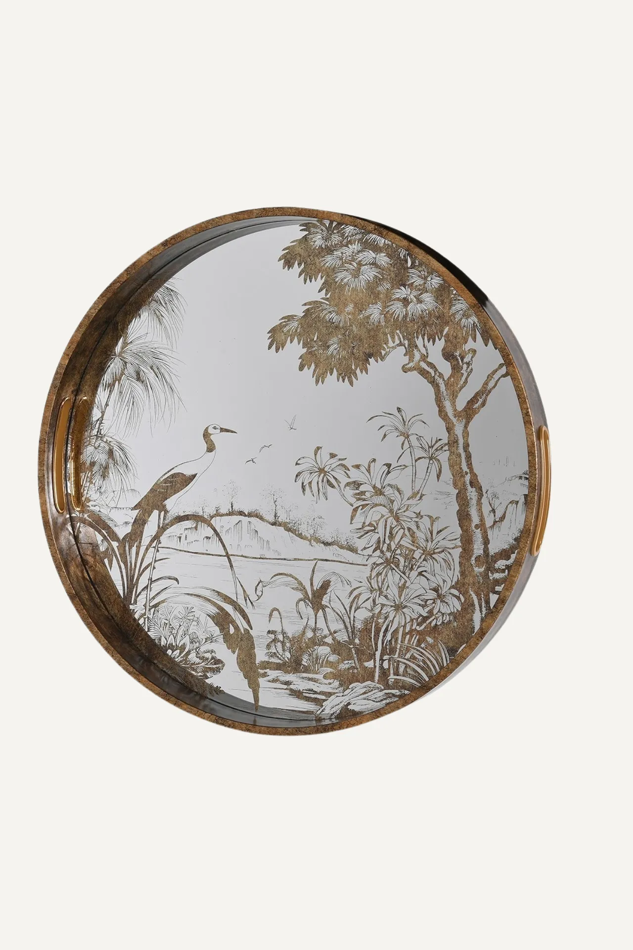 Antique Round Mirrored Grasses Gold Tray