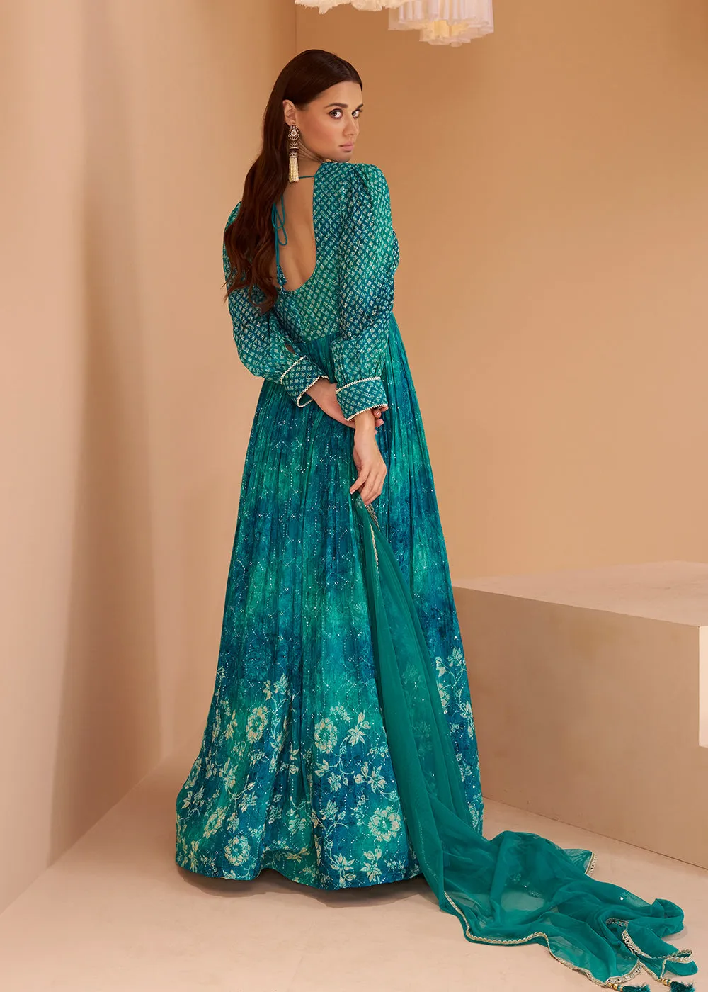 Aqua Blue Floral Printed Wedding Festive Anarkali Gown