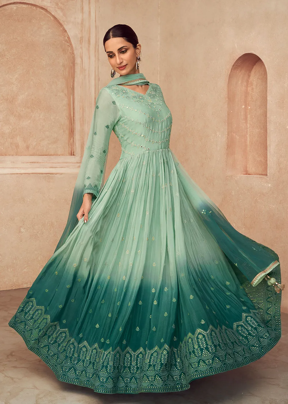 Aqua Green Shaded Georgette Embroidered Wedding Anarkali Gown