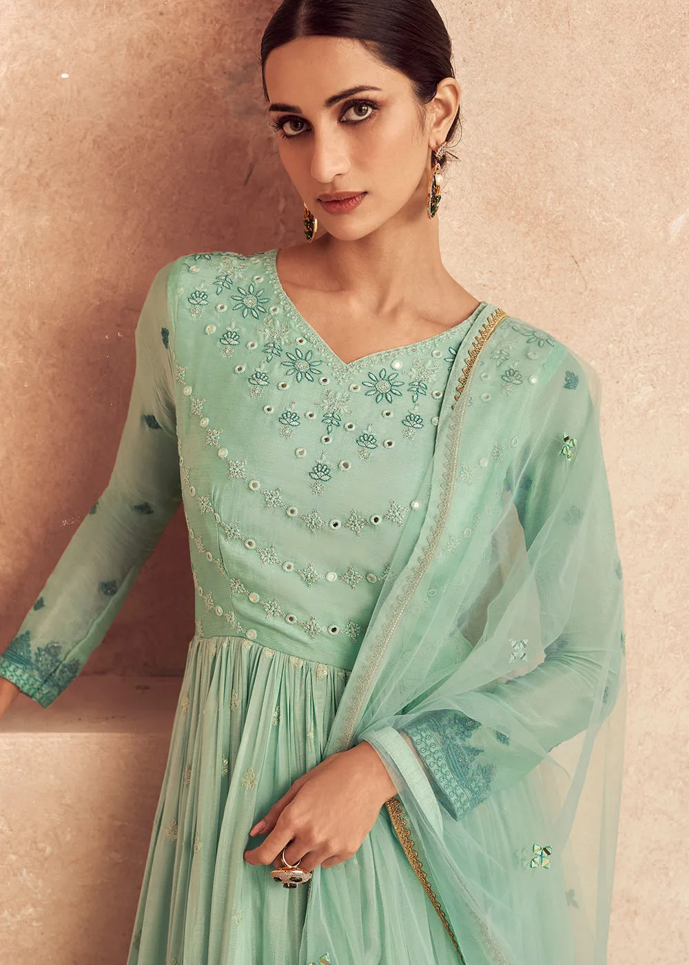 Aqua Green Shaded Georgette Embroidered Wedding Anarkali Gown