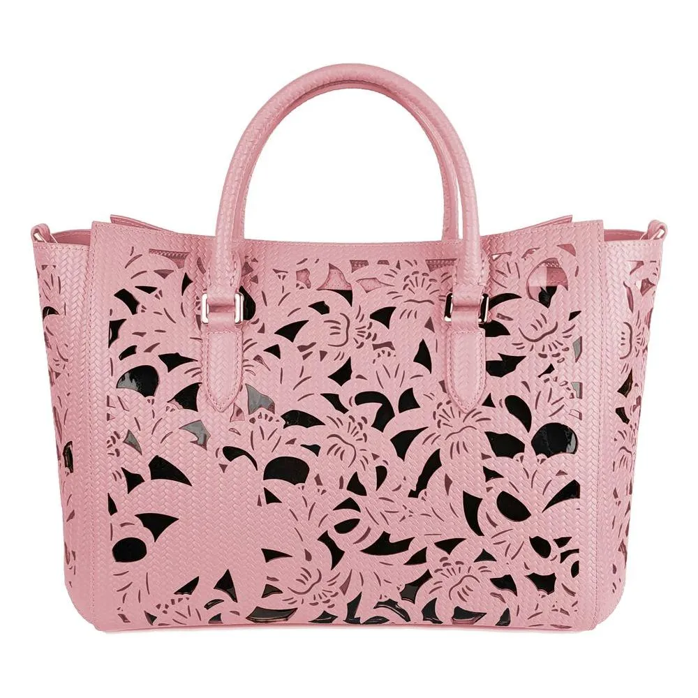 Baldinini Trend Chic Pink Calfskin Handbag with Floral Accents