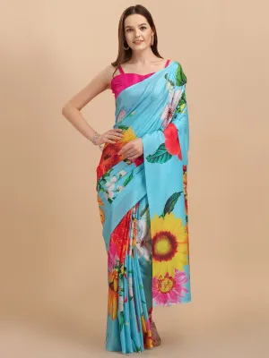 Blue & Yellow Floral Digital Print Silk Blend Saree