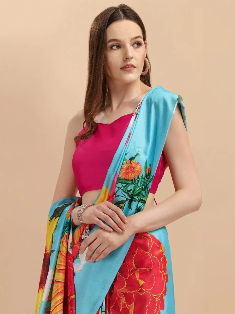 Blue & Yellow Floral Digital Print Silk Blend Saree