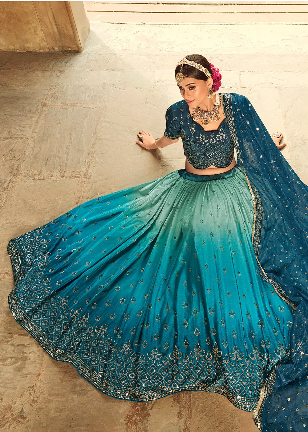 Blue to Teal Blue Multi Color Sequins Festive Lehenga Choli