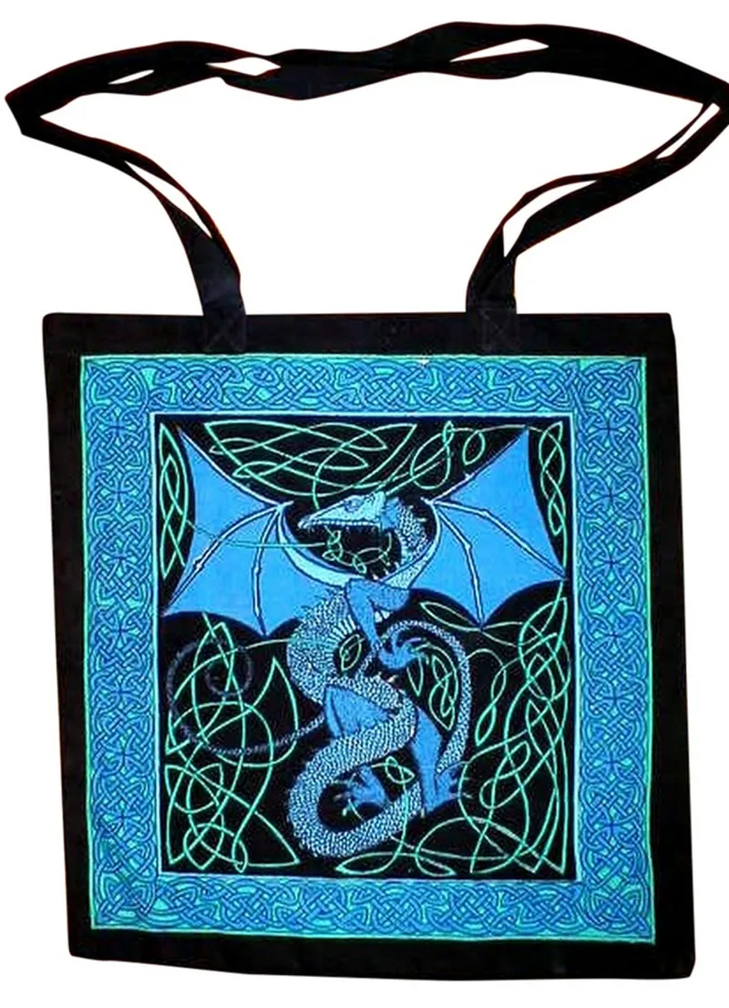 Celtic Dragon Tote Bag Cotton 16 x 17 Blue