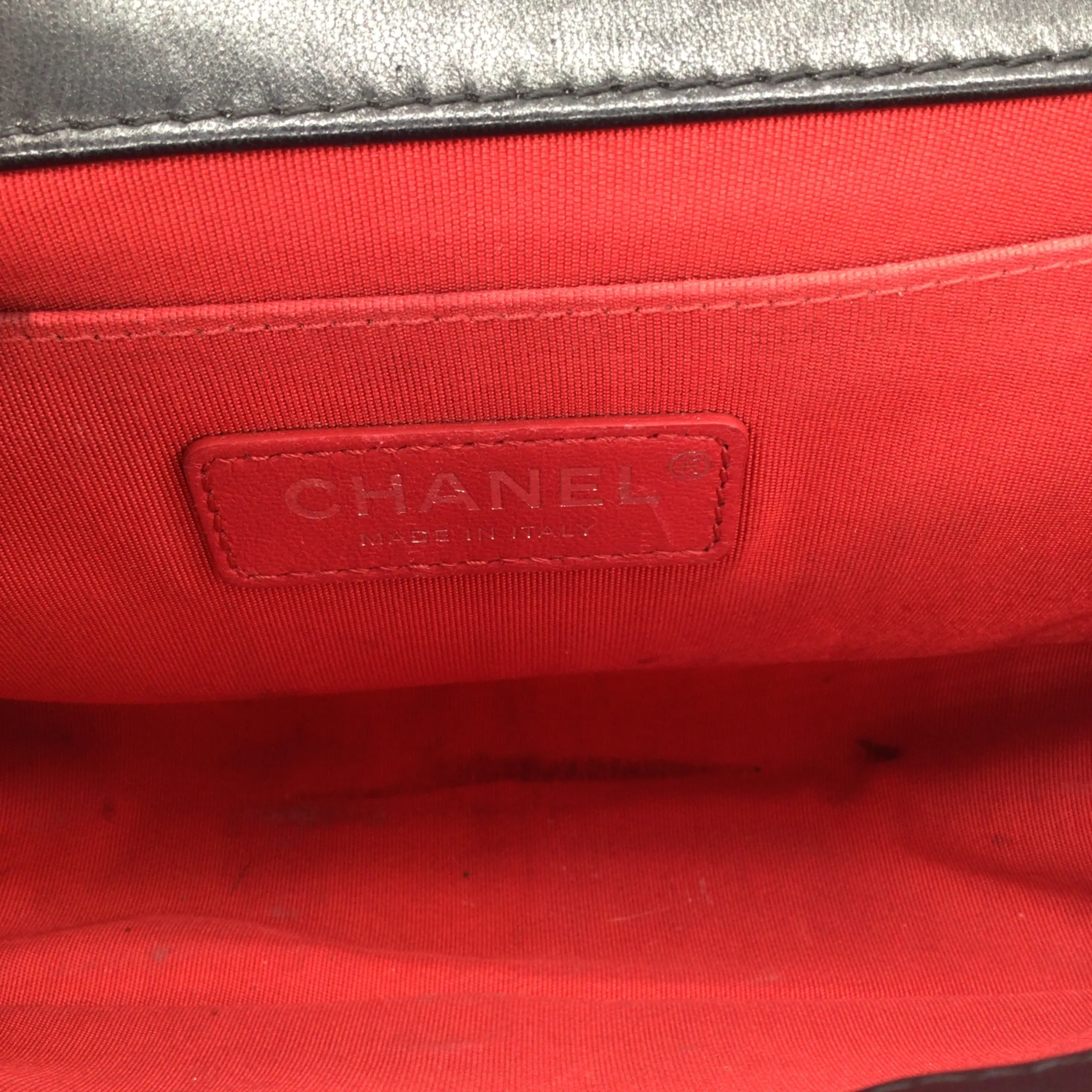 Chanel Black / Ivory / Red Logo Ribbon and Tweed Quilted Lambskin Leather Medium Boy Flap Bag