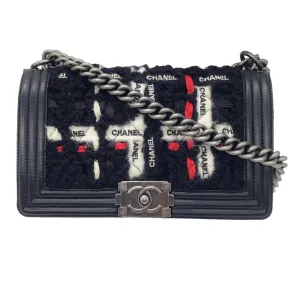 Chanel Black / Ivory / Red Logo Ribbon and Tweed Quilted Lambskin Leather Medium Boy Flap Bag