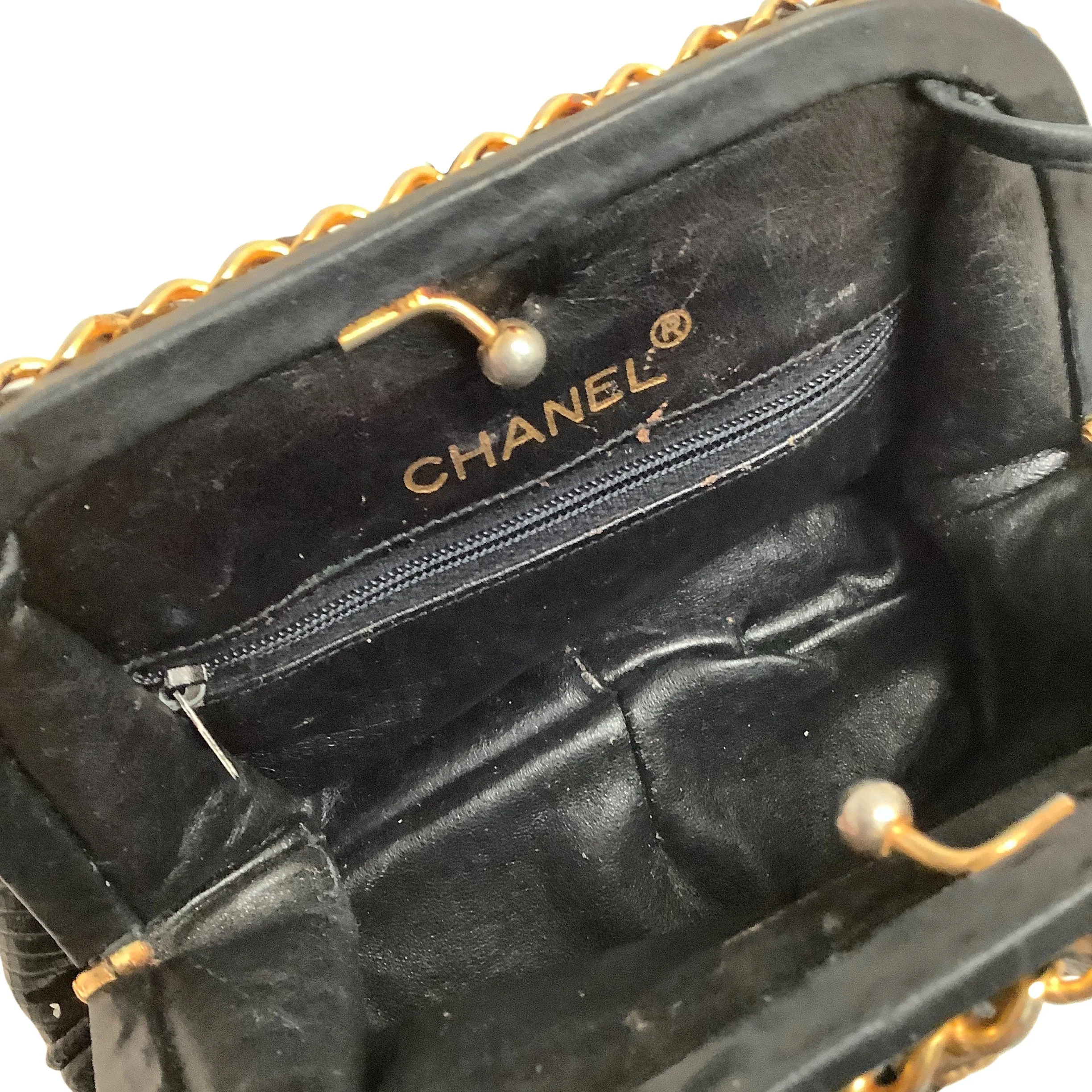 Chanel Vintage 1980's Black Nappa Leather Frame Bag with Chain Detail