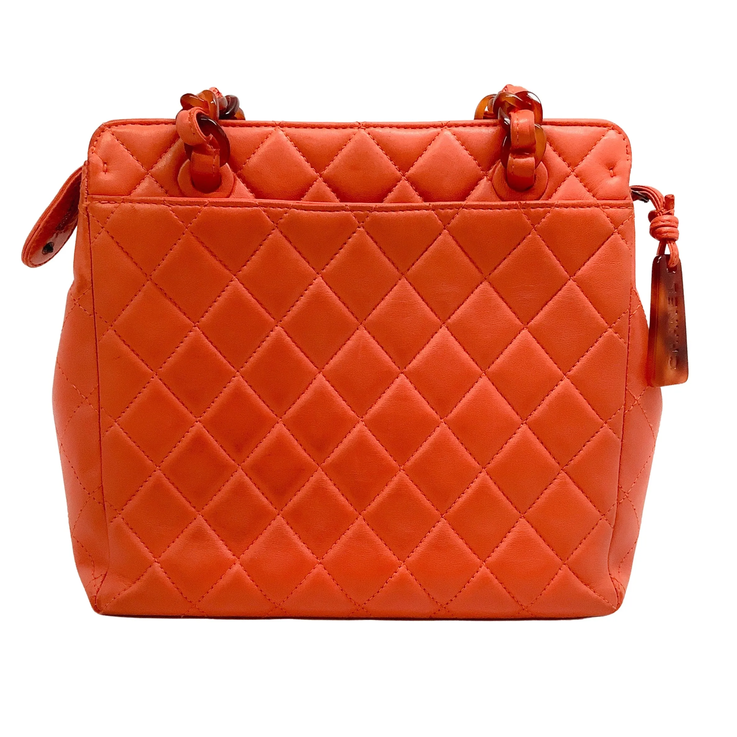 Chanel Vintage Orange Lambskin Leather Quilted Shoulder Bag with Tortoise Acrylic Hardware