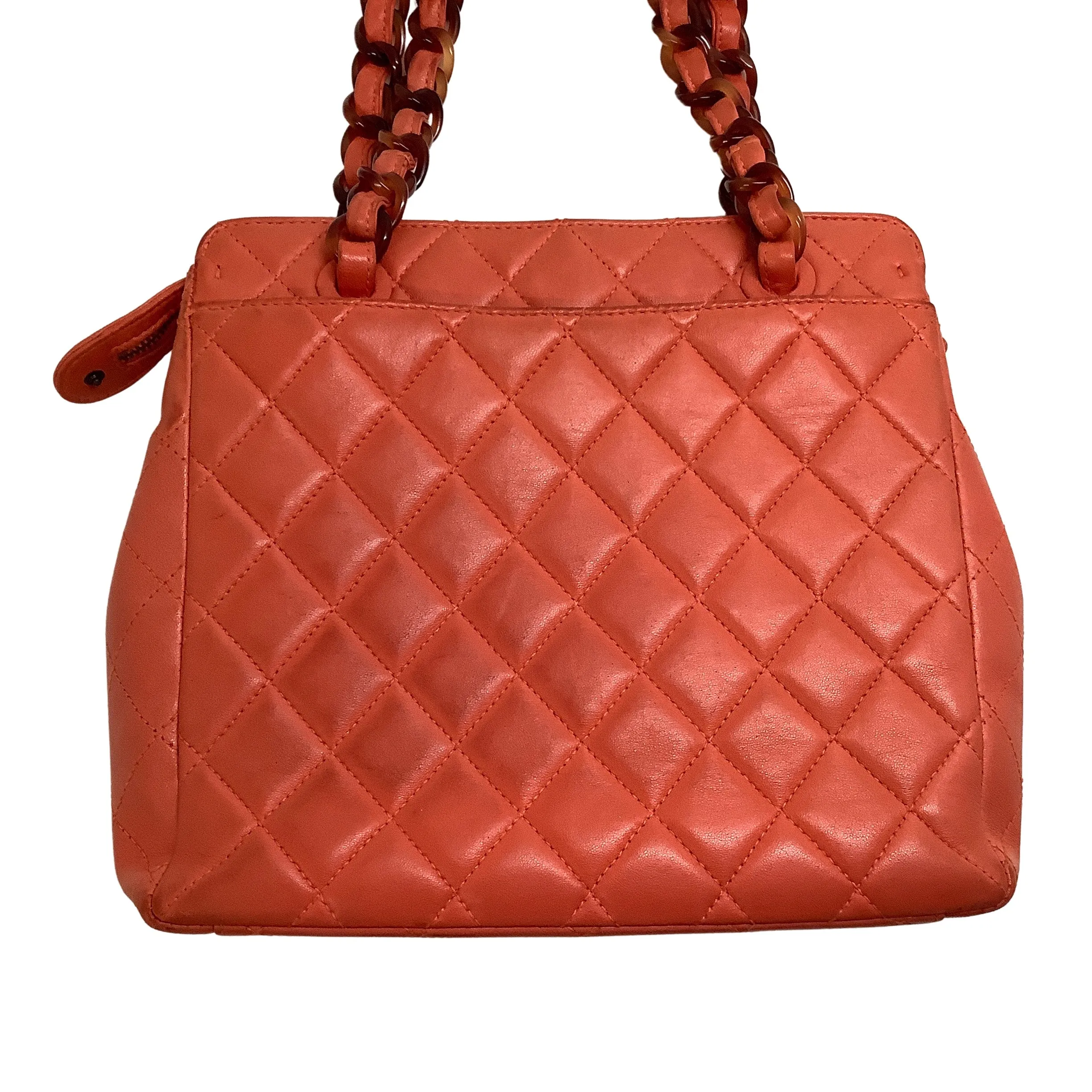 Chanel Vintage Orange Lambskin Leather Quilted Shoulder Bag with Tortoise Acrylic Hardware