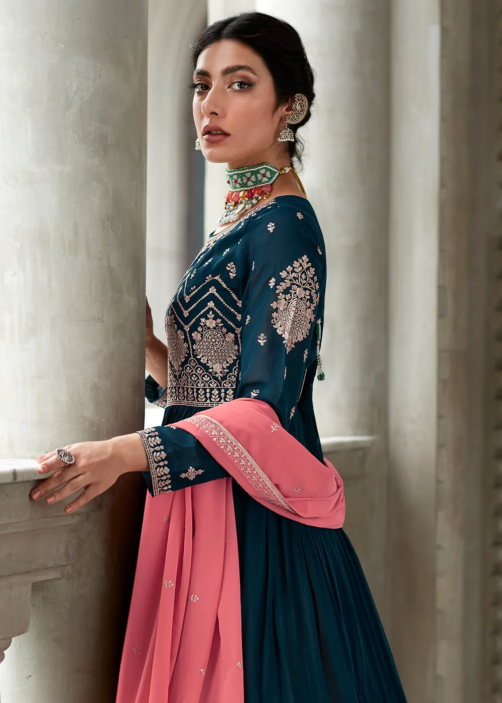 Charming Blue & Pink Sharara Top Style Lehenga Anarkali