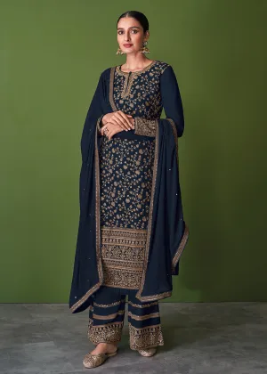 Charming Blue Beautifully Embroidered Festive Palazzo Suit