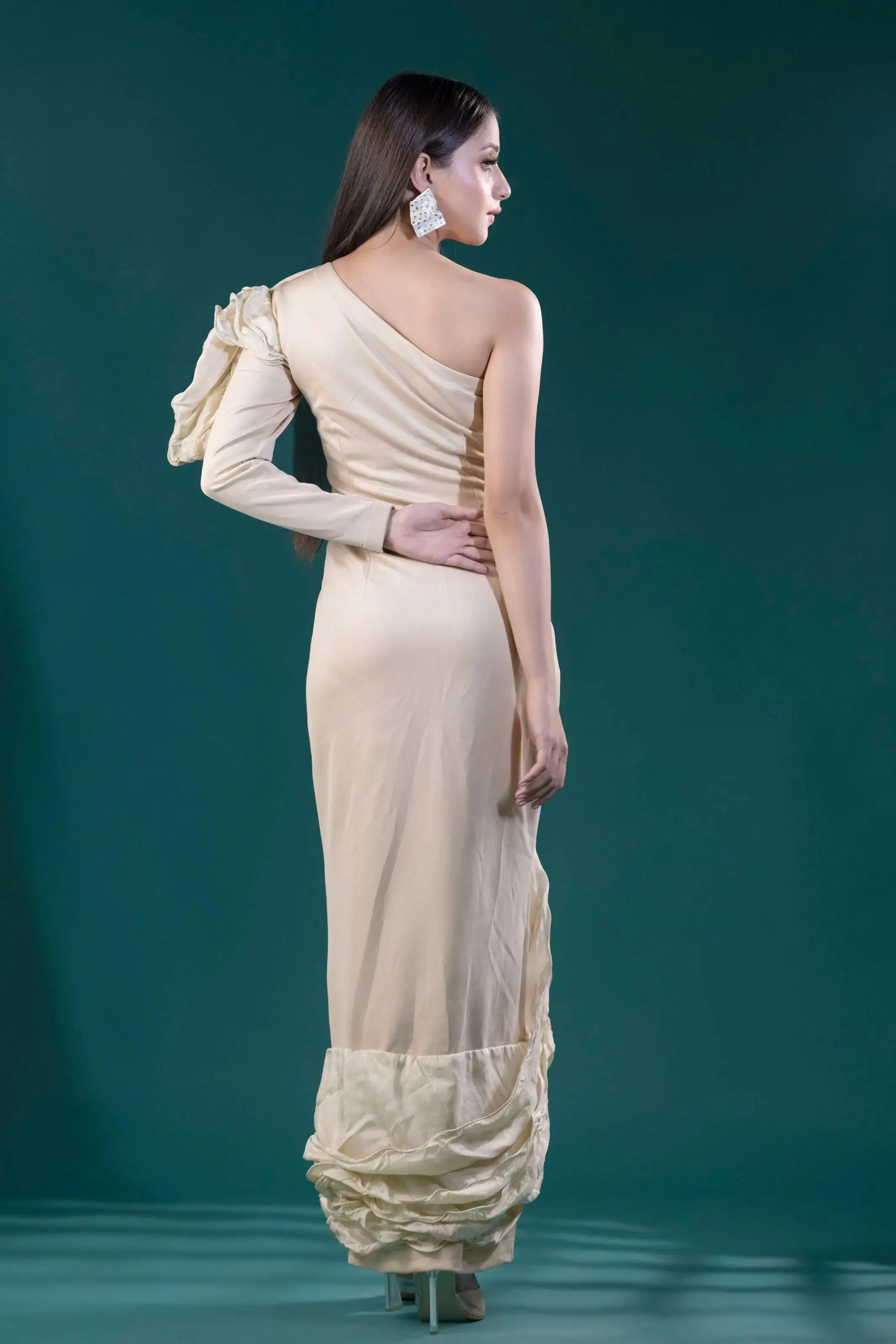 Chic Beige Long One shoulder frill dress, Smart Elegance for Any Occasion