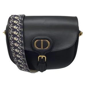 Christian Dior Black / Blue Dior Oblique Embroidered Shoulder Strap Calfskin Leather Large Dior Bobby Bag