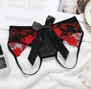 Crotchless Floral Lace and Bow Panty - S/M (Red/Black)