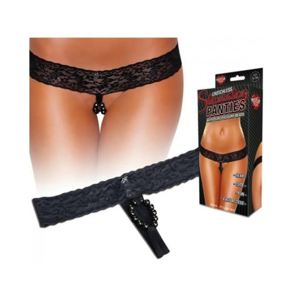 CROTCHLESS STIMULATING PANTIES W PEARL BEADS BLACK S/M