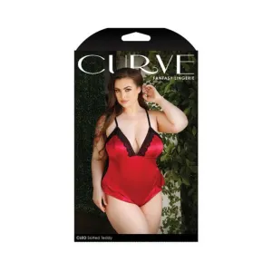 Curve Cleo Skirted Teddy With Lace Trim And Snap Closure Red 3x/4x