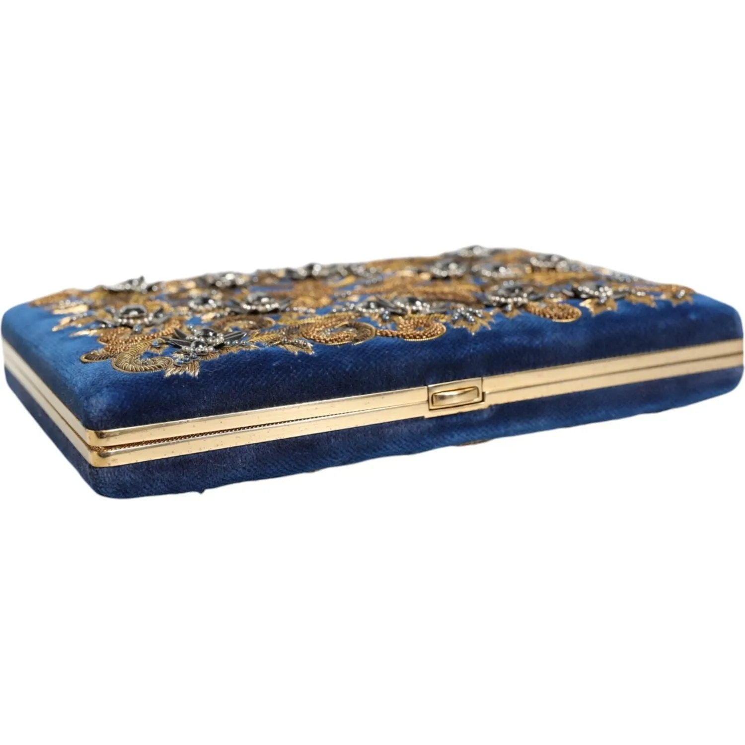 Dolce & Gabbana Blue Velvet Gold Frame Clutch Evening Party Purse Bag