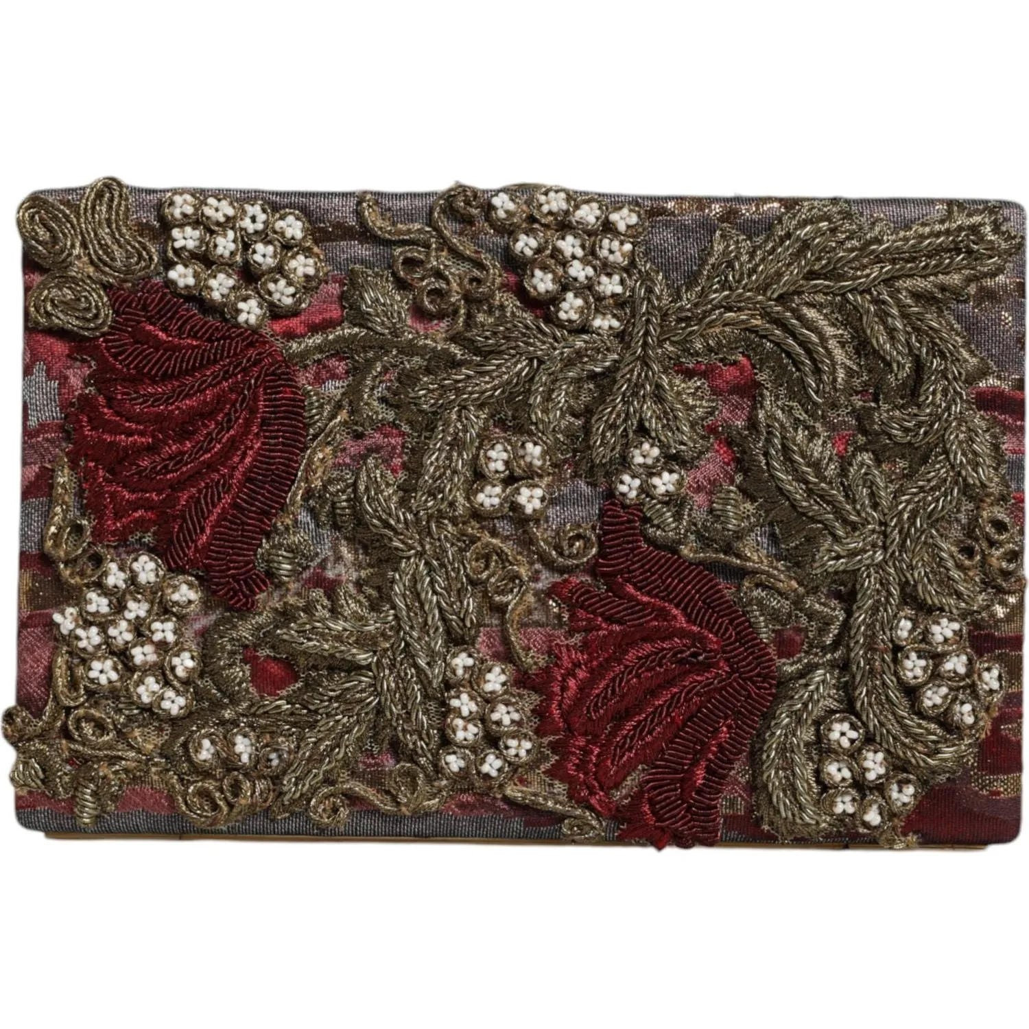 Dolce & Gabbana Maroon Gold Floral Jacquard Gold Frame Clutch Evening Purse Bag