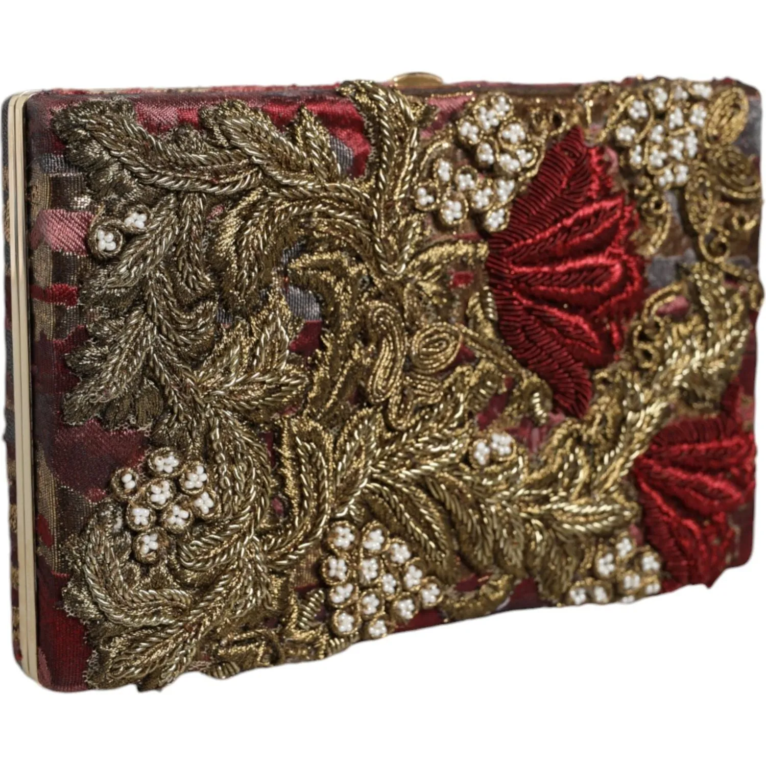 Dolce & Gabbana Maroon Gold Floral Jacquard Gold Frame Clutch Evening Purse Bag