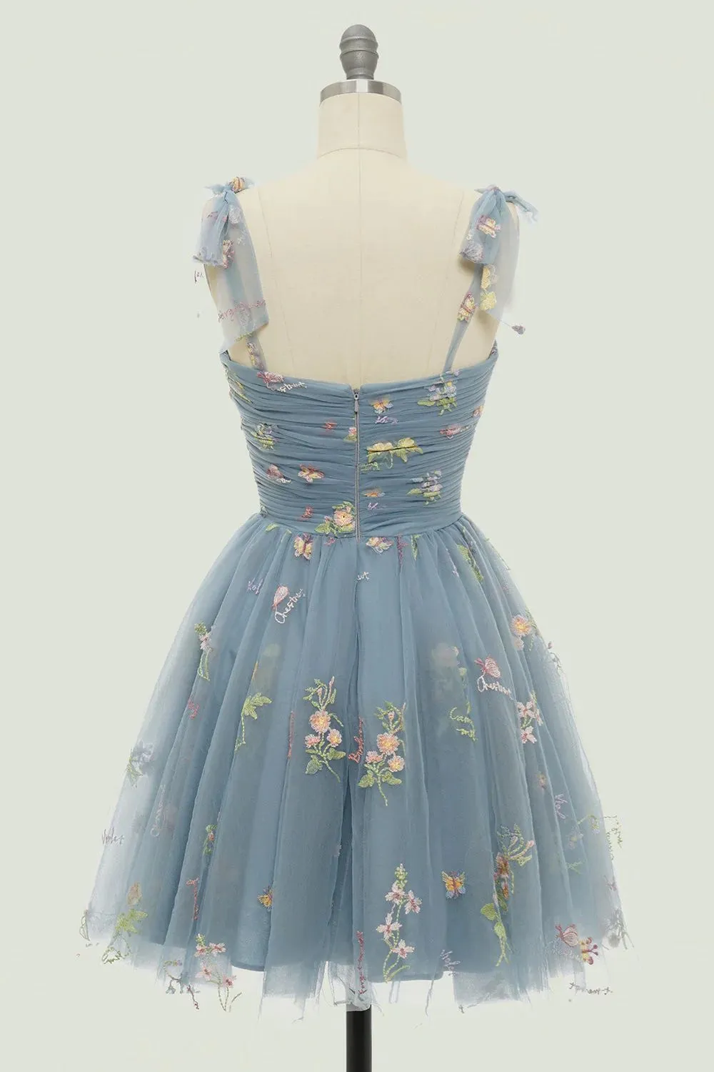 Dusty Blue Floral Embroidery Short Homecoming Dress