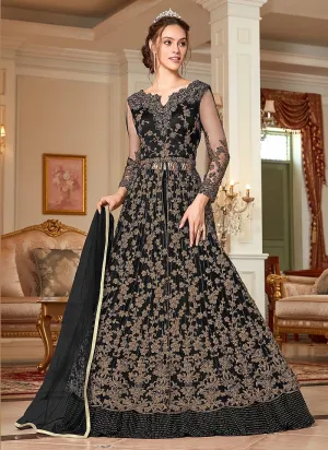 Enchanting Black Embroidered Net Lehenga Style Anarkali Suit