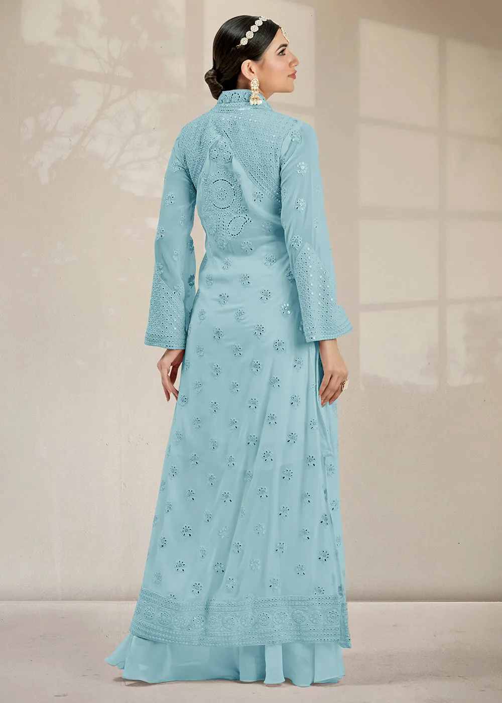 Excellent Party Style Sky Blue Jacket Style Palazzo Suit