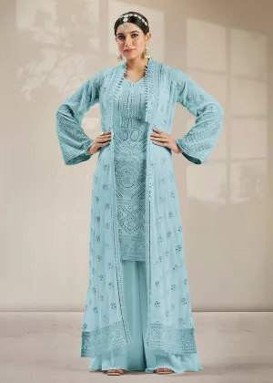 Excellent Party Style Sky Blue Jacket Style Palazzo Suit