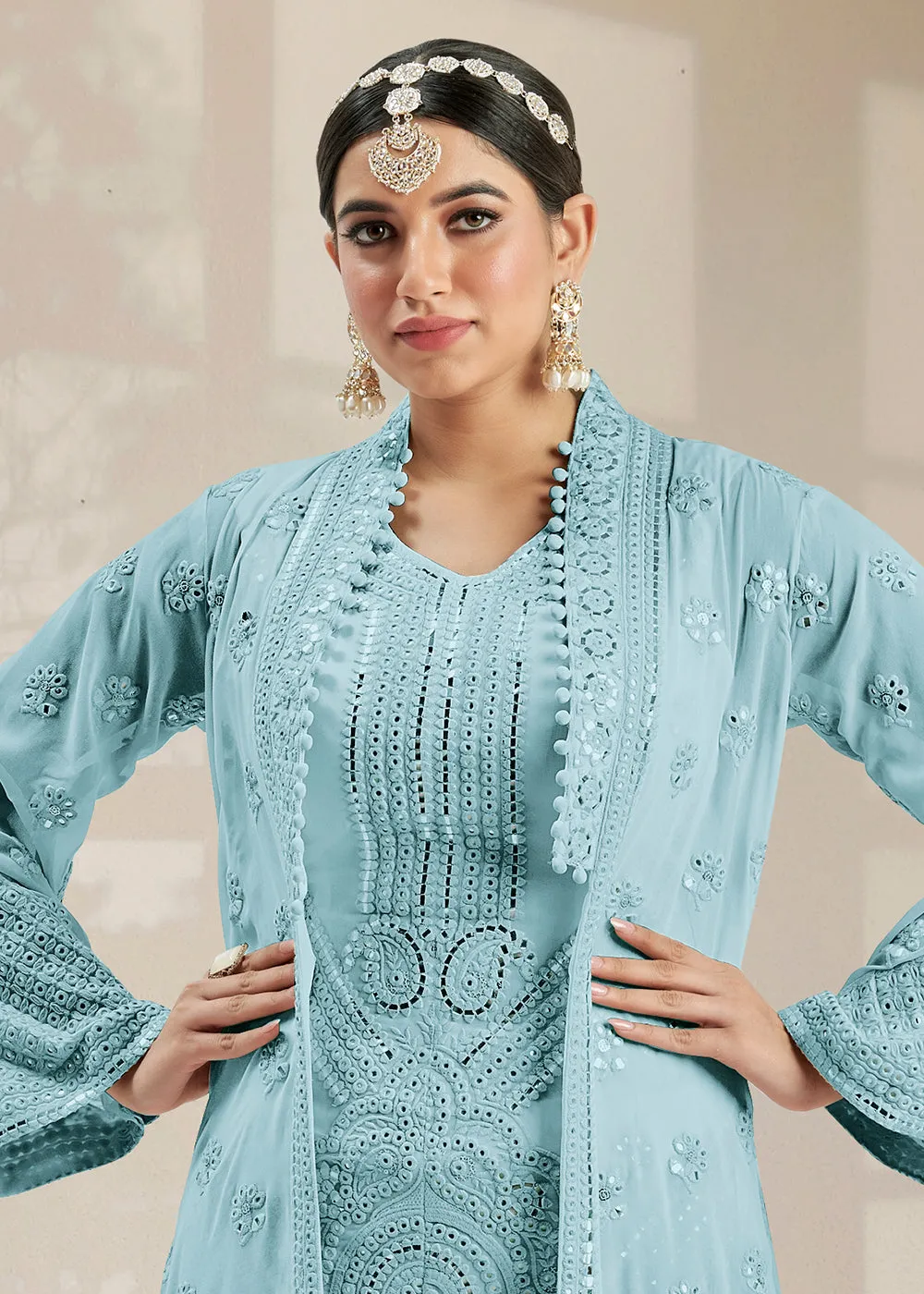 Excellent Party Style Sky Blue Jacket Style Palazzo Suit