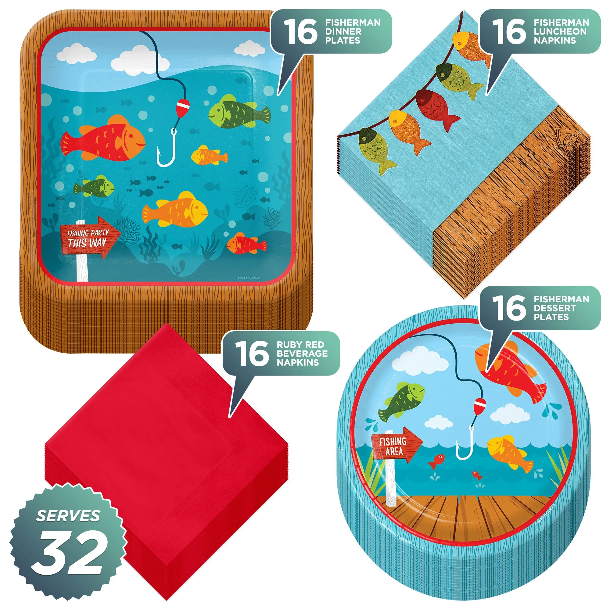 Fisherman Party Supplies - Mix of Square and Round Paper, Fish and Red Napkins (Serves 32)