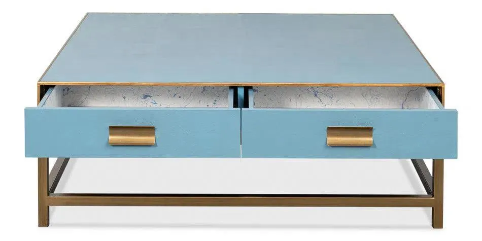 Gideon Wood and Shagreen Leather Blue Square Coffee Table