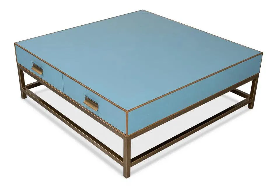 Gideon Wood and Shagreen Leather Blue Square Coffee Table