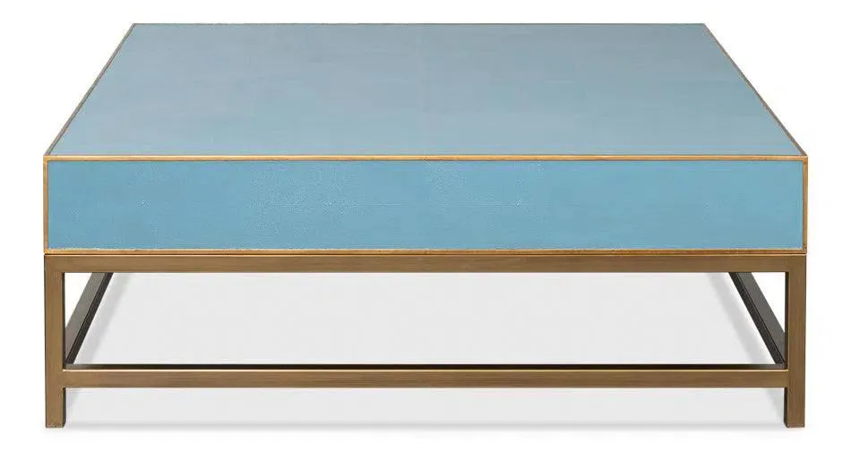 Gideon Wood and Shagreen Leather Blue Square Coffee Table