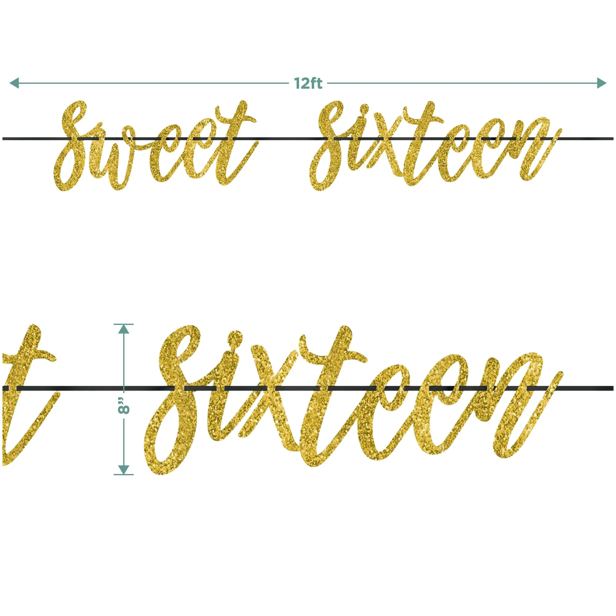 Gold Glitter Sweet Sixteen 16th Birthday Party Script Letter Banner Garland