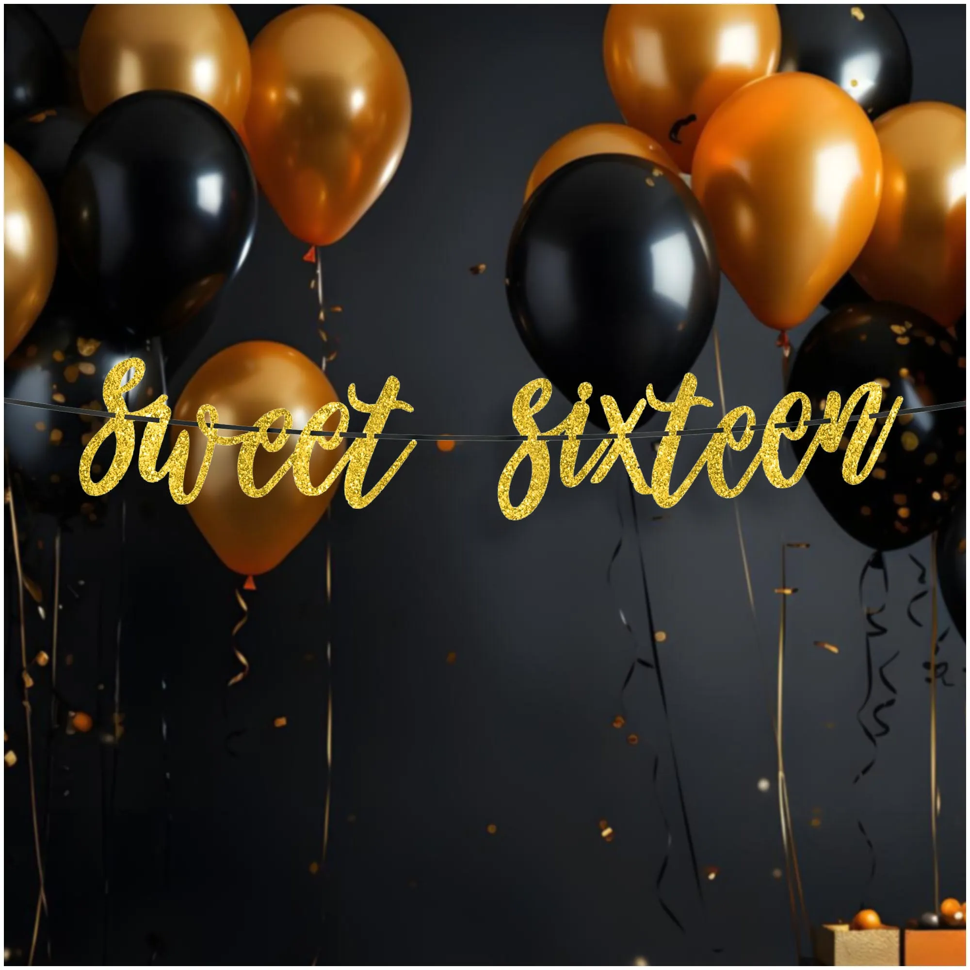 Gold Glitter Sweet Sixteen 16th Birthday Party Script Letter Banner Garland