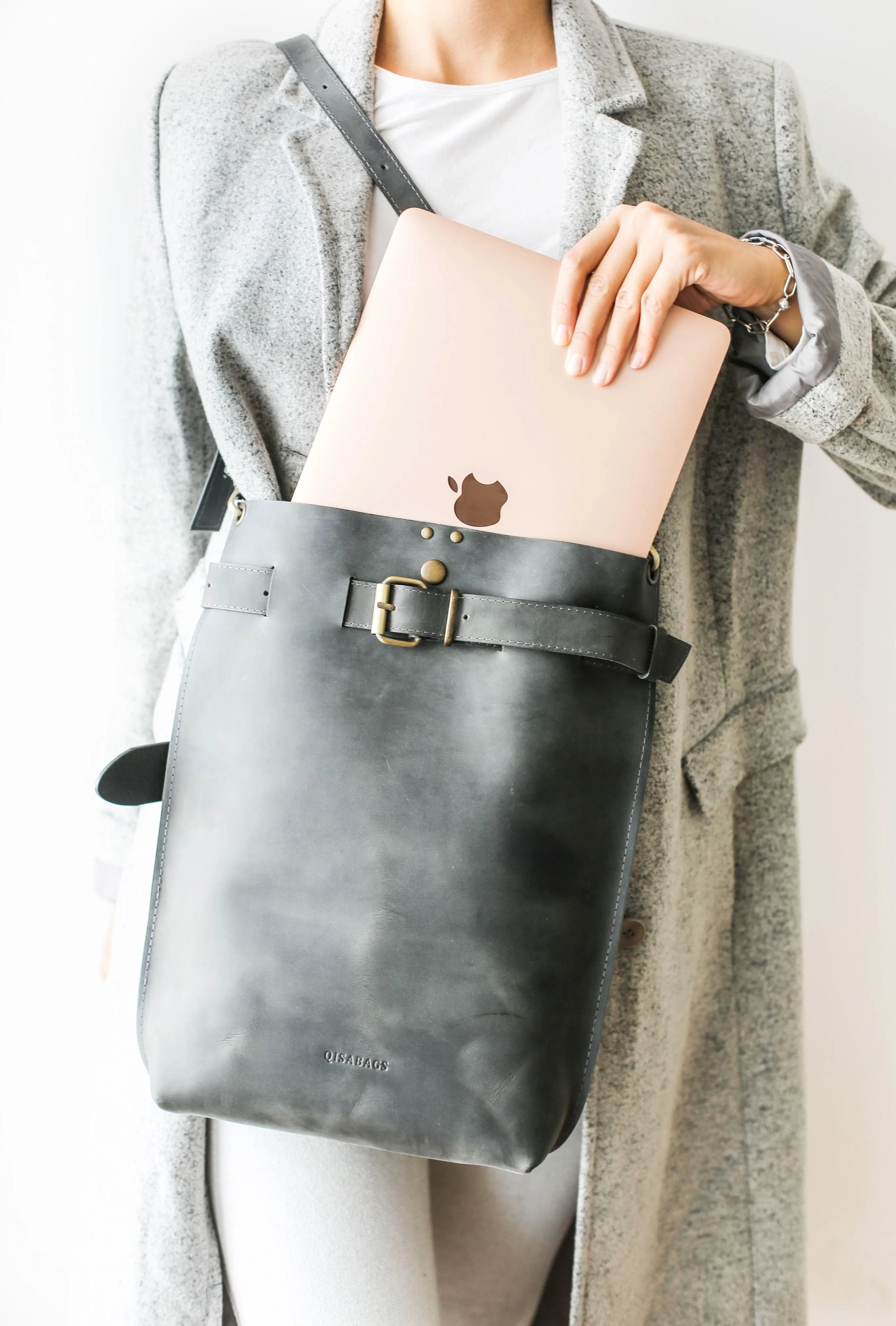 Gray Large Leather Backpack Purse