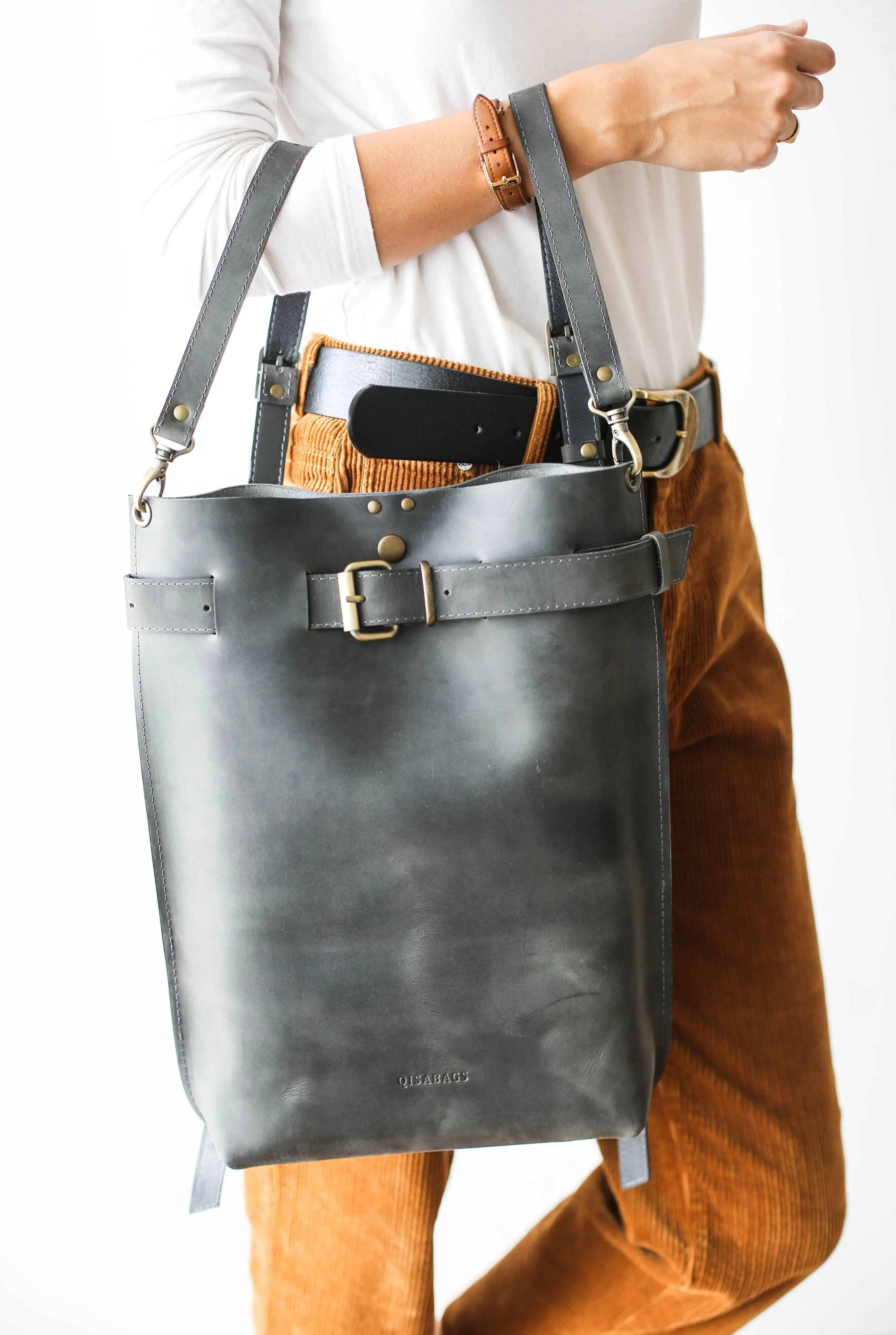 Gray Large Leather Backpack Purse