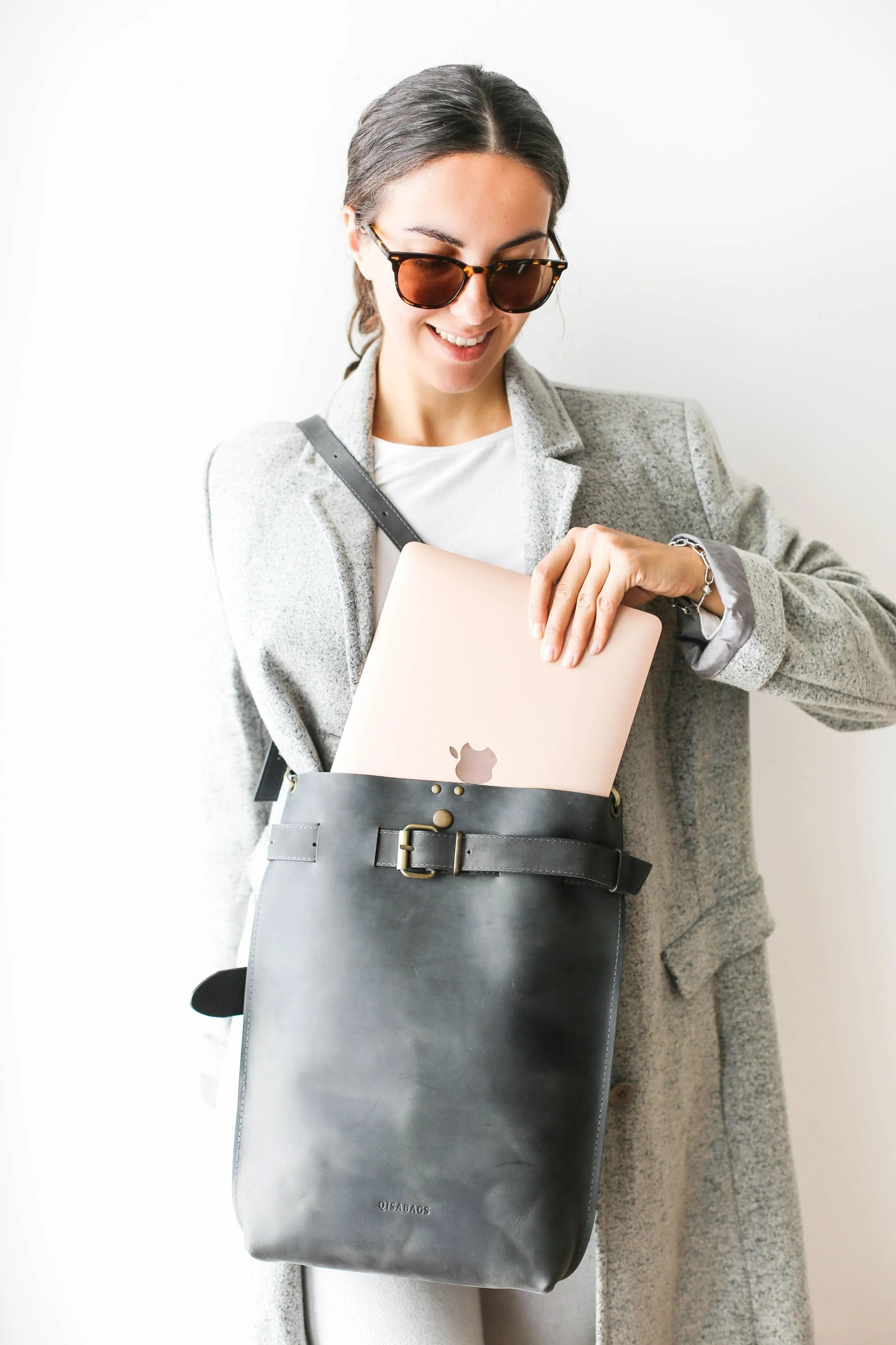 Gray Large Leather Backpack Purse