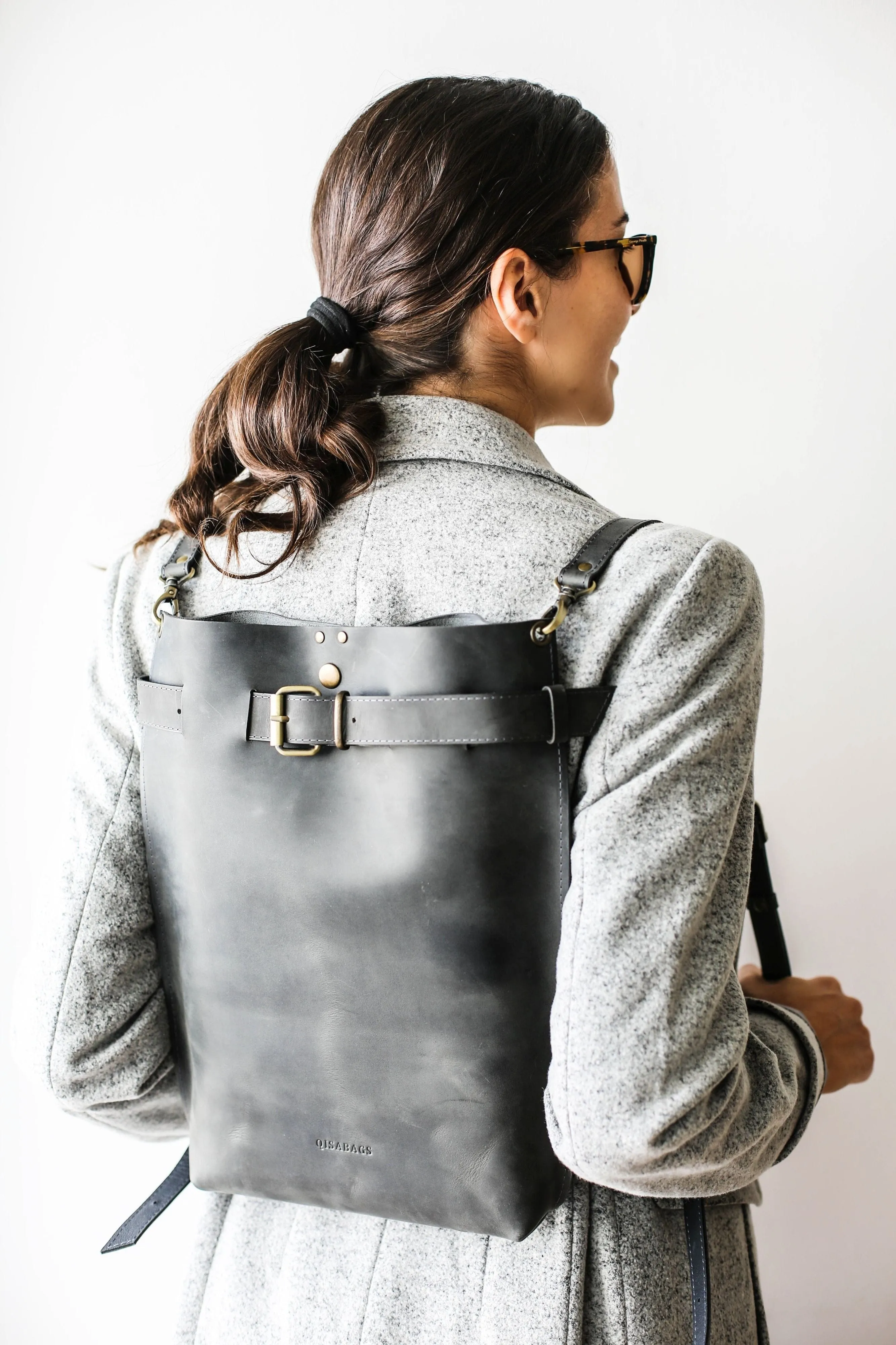 Gray Large Leather Backpack Purse