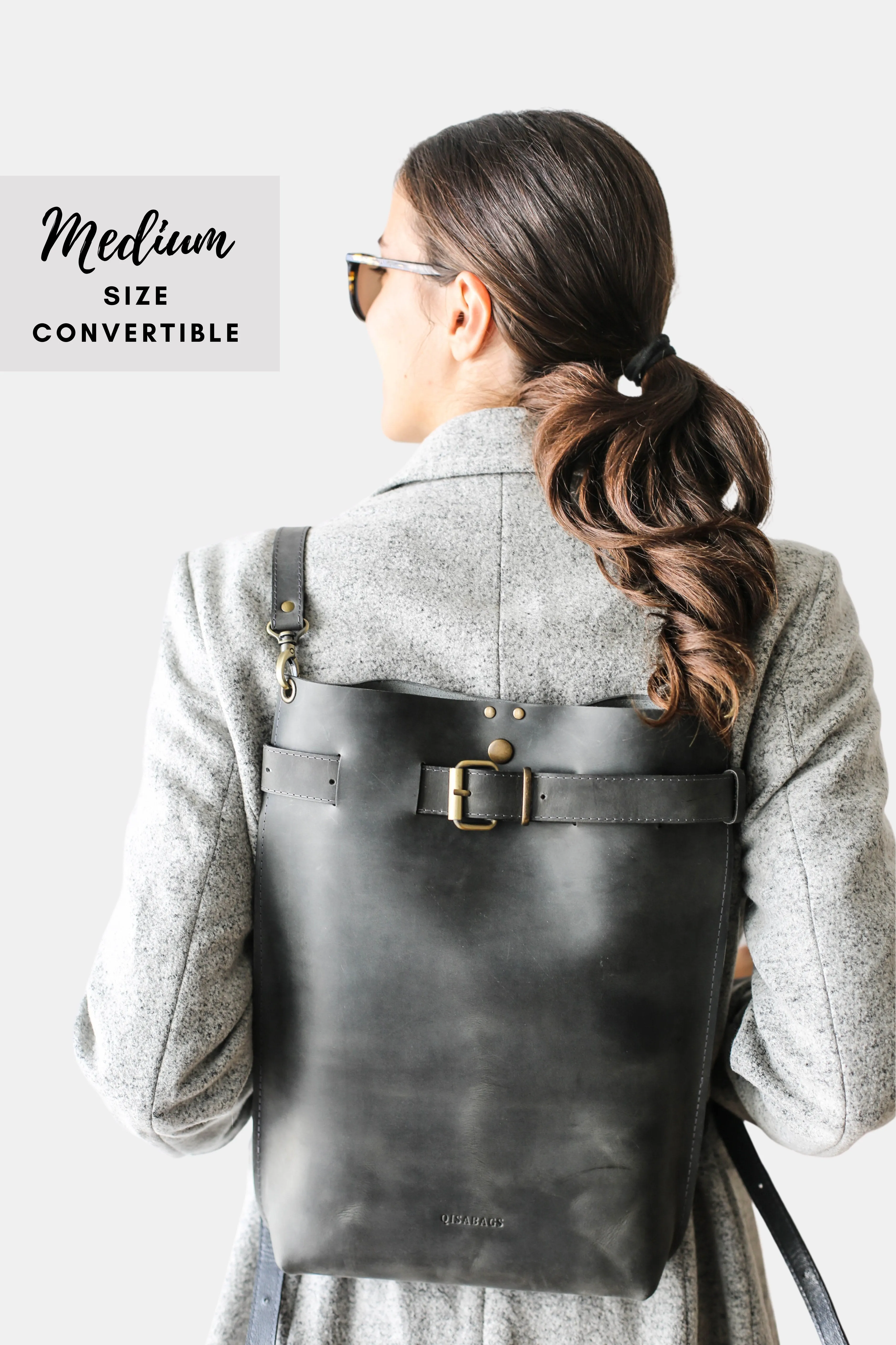 Gray Large Leather Backpack Purse