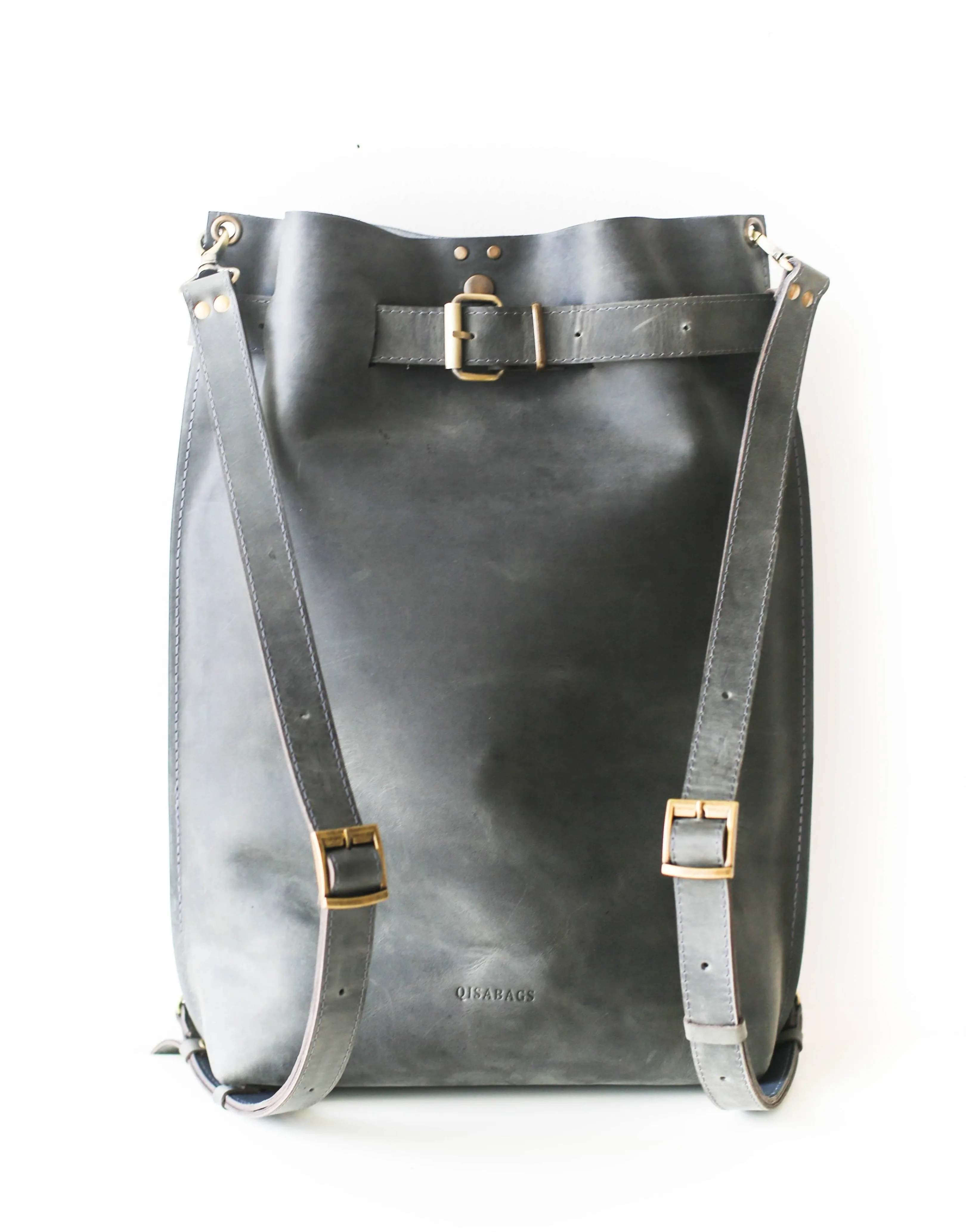 Gray Large Leather Backpack Purse