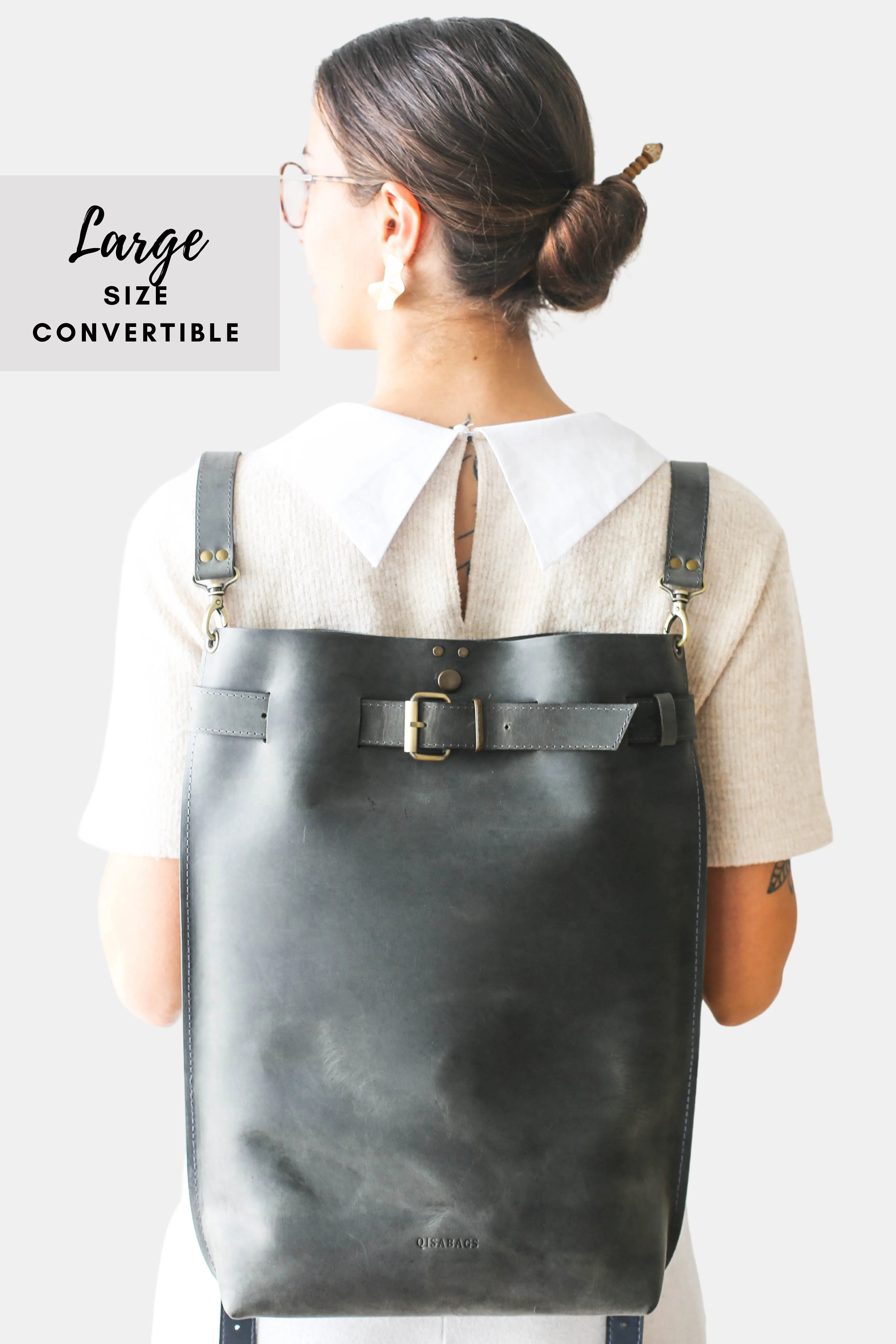 Gray Large Leather Backpack Purse