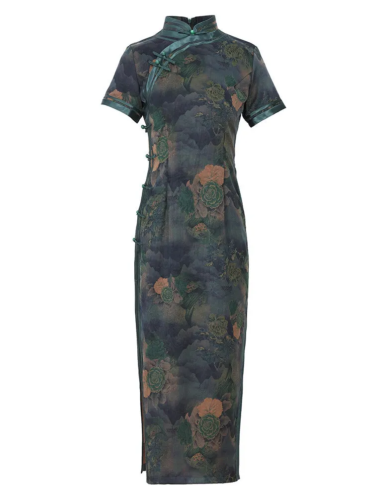 Green Vintage Jacquard Floral Printed Qipao Cheongsam Dress