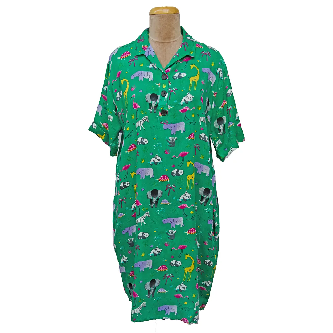 Green Wild Viscose Shirt Dress Size 12-30 SO3