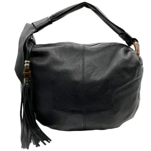 Gucci Black Leather Hobo Bag with Tassel and Bamboo