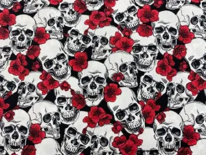 Halloween Skulls And Red Floral Party - Cotton Poplin Patchwork