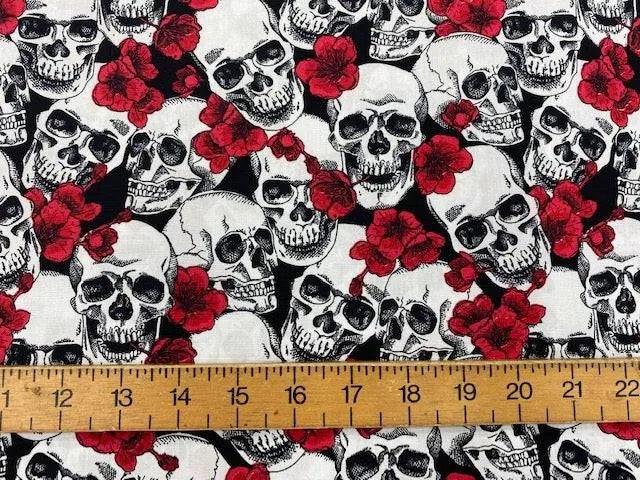 Halloween Skulls And Red Floral Party - Cotton Poplin Patchwork