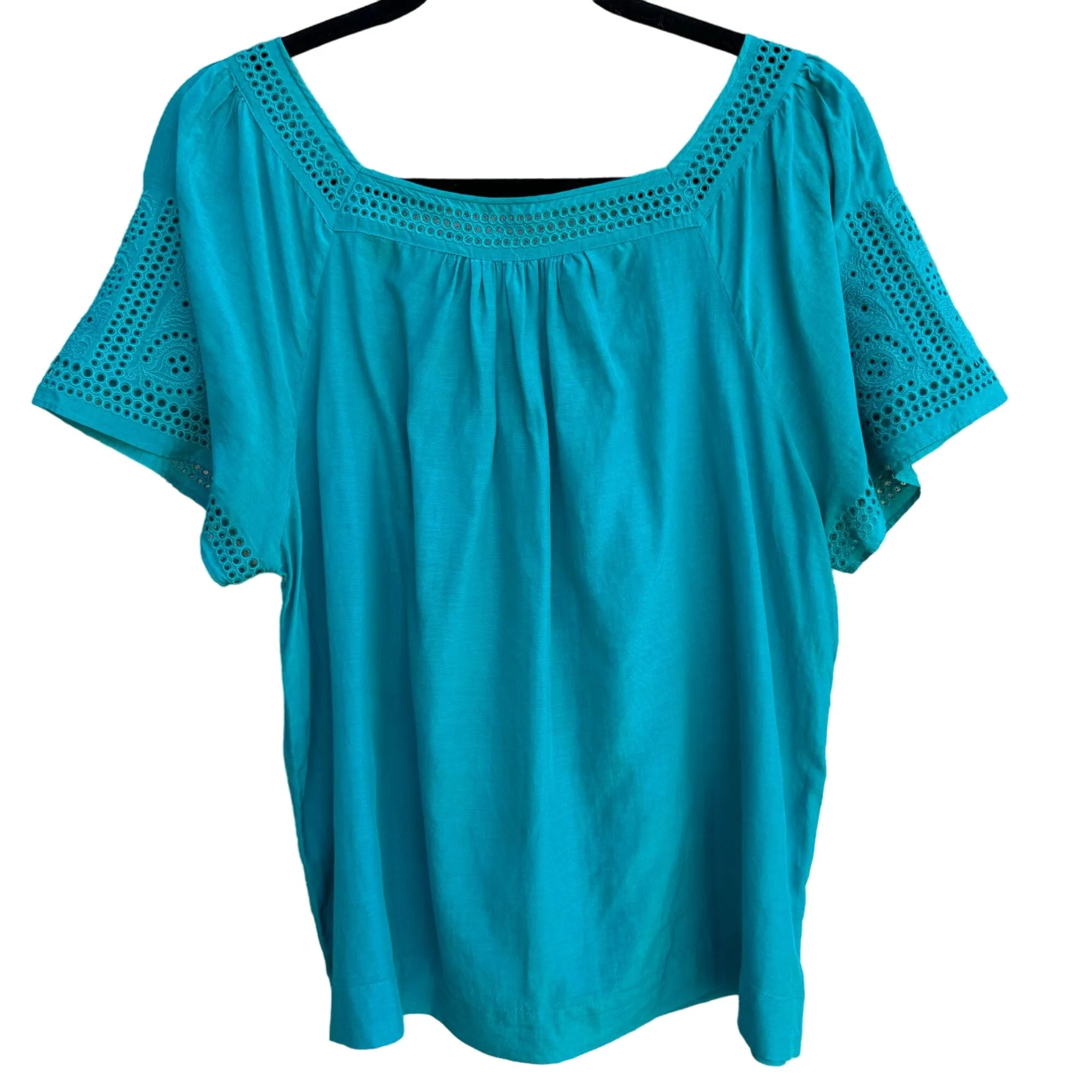 J. Crew Women's Teal Eyelet Short Sleeve Linen Silk Blend Square Neck Blouse - 8