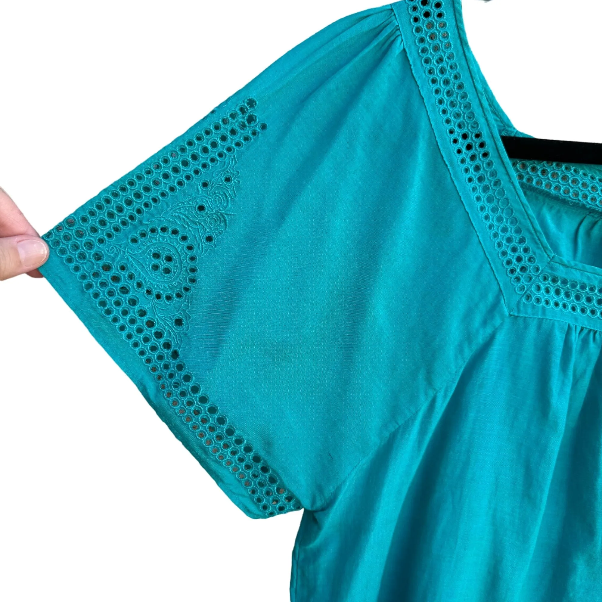 J. Crew Women's Teal Eyelet Short Sleeve Linen Silk Blend Square Neck Blouse - 8