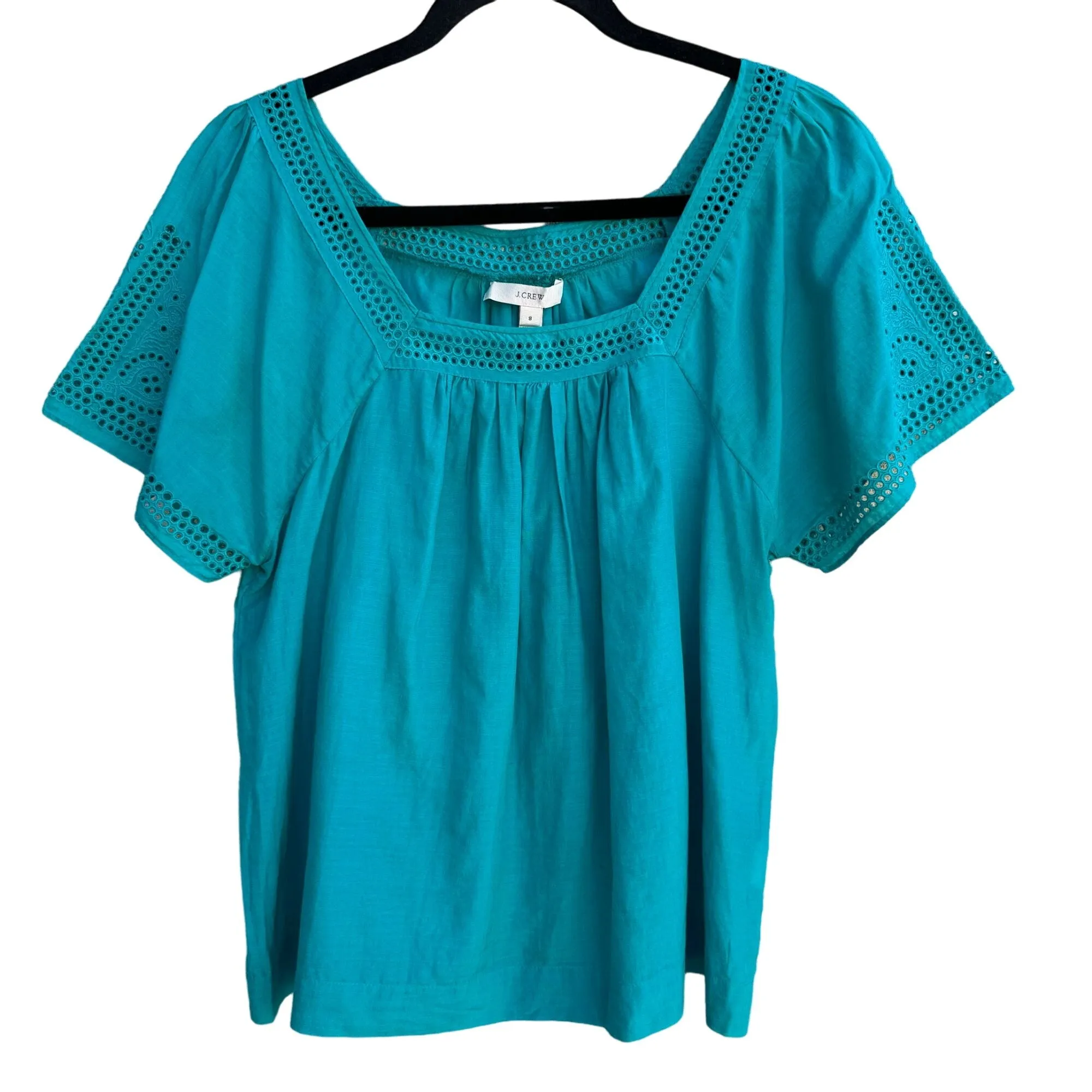 J. Crew Women's Teal Eyelet Short Sleeve Linen Silk Blend Square Neck Blouse - 8